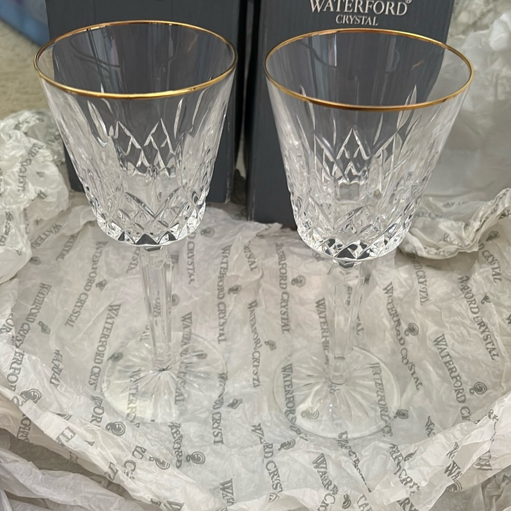 Set of two Waterford Lismore G (gold run) Tall Wine glasses